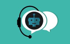 chatbot with a headset on and a speech bubble next to it.