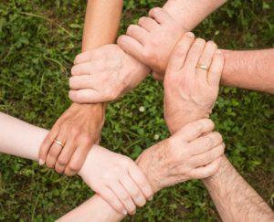 group of hands holding each other's wrists forming a circle of hands