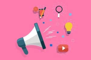 megaphone with a magnifying glass, YouTube icon and light bulb coming out of it