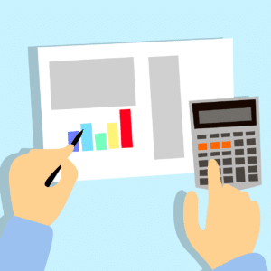 hand pointing at a calculator and the other pointing at a graph on a paper.