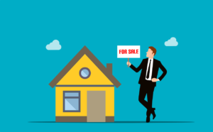 illustration of a man in a suit holding a for sale sign in front of a building