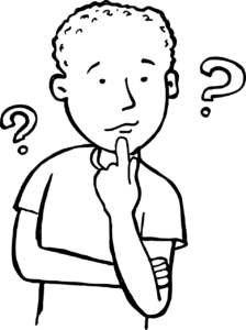 illustration of man with finger on mouth and question marks around