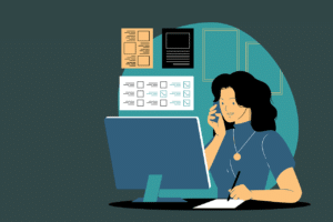 illustration of a woman on the phone while looking at a computer screen