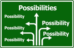 green sign with arrows pointing different ways with the word possibilities next to them