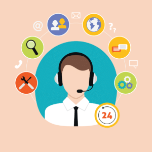illustration of a person with a headset on and little bubbles of support pictures around 