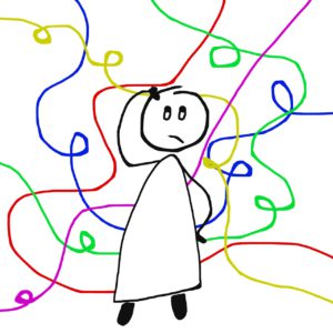 drawing of a person with their hand on their head and different colored lines behind them
