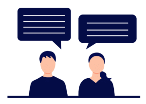 illustration of a man and a woman with speech bubbles above their heads