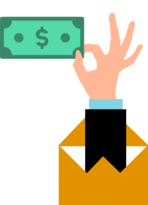 illustration of a hand coming out of an envelope holding a dollar