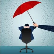 illustration of a man in a work chair with an umbrella over him protecting him from rain