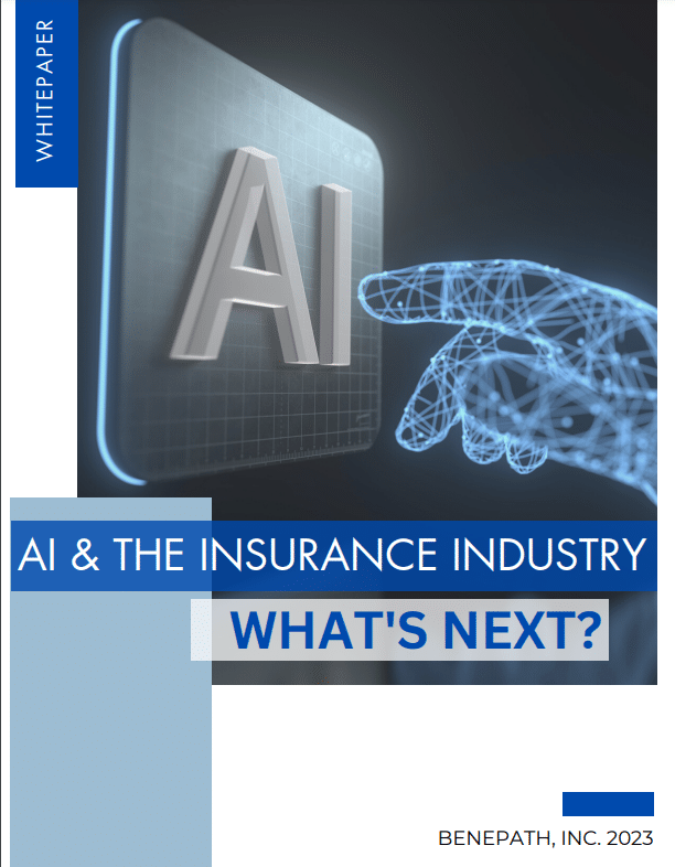 A preview of the whitepaper "AI & The Insurance Industry What's Next?" features a cyber hand pressing a button labeled "AI"