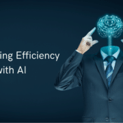 Maximizing Efficiency with AI text overlaying image of a man in a suit with an ai brain