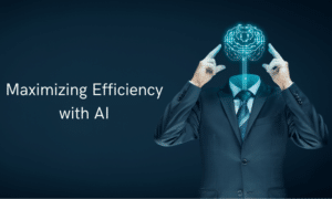 Maximizing Efficiency with AI text overlaying image of a man in a suit with an ai brain