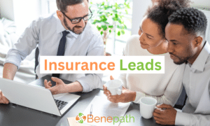 insurance leads text overlaying image of insurance agent speaking with customers