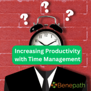 Increasing Productivity with Time Management text overlaying image of a suit with a clock as its head