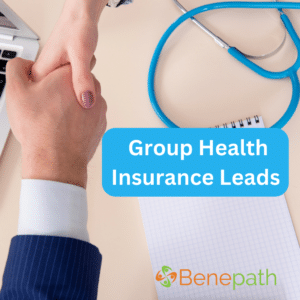 Group Health Insurance Leads text overlaying image of an agent and a doctor shaking hands