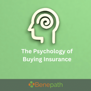 The Psychology of Buying Insurance text overlaying an image of a head with a spiral in the brain