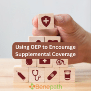 Using OEP to Encourage Supplemental Coverage text overlaying image of building blocks with images of health related items