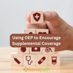 Using OEP to Encourage Supplemental Coverage text overlaying image of building blocks with images of health related items