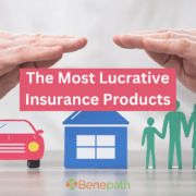 The Most Lucrative Insurance Products text overlaying image of a graphics with a car a home and a family with hands covering all three