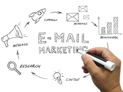 Hand-drawn email marketing diagram showing strategies like campaigns, research, and content creation.