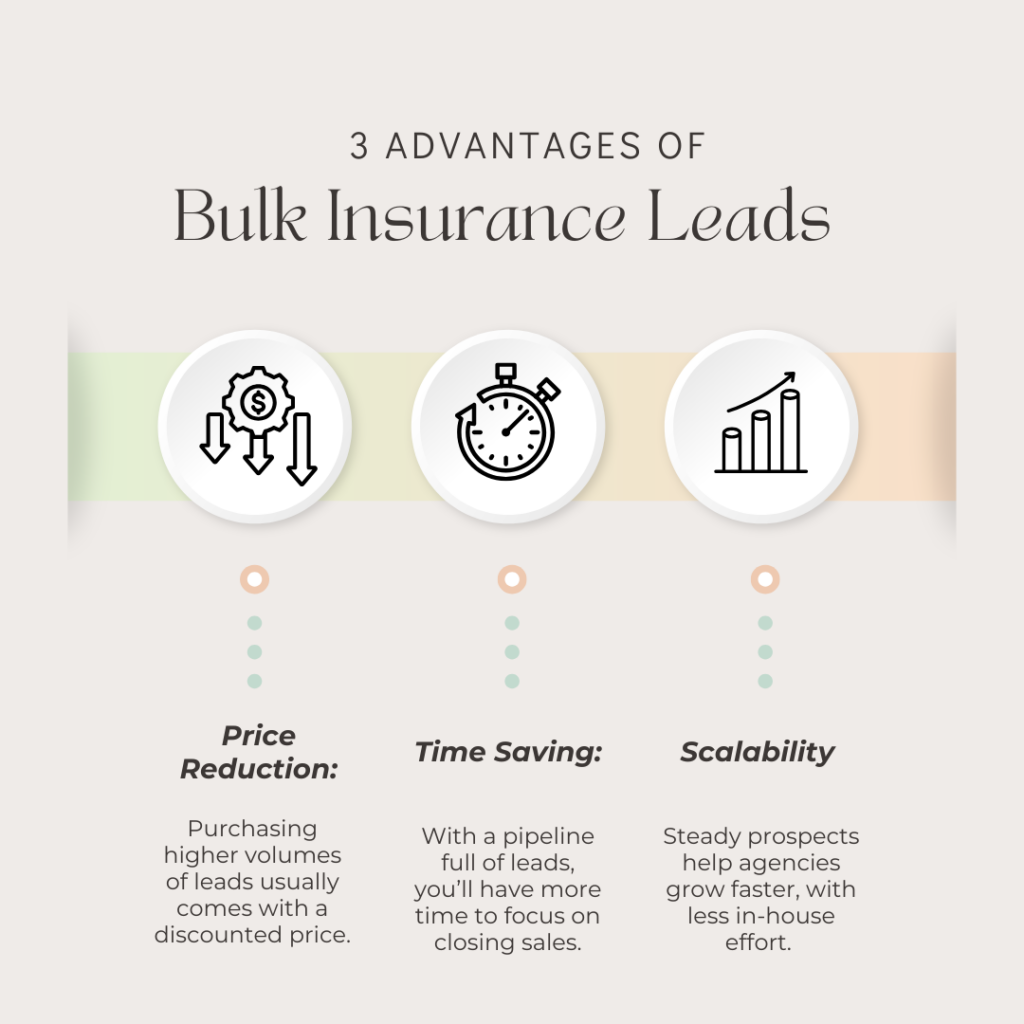 Infographic titled "3 Advantages of Bulk Insurance Leads" with three icons and descriptions.
