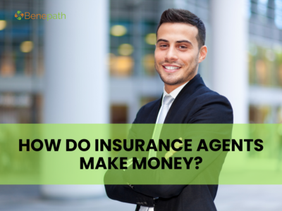 A professional insurance agent confidently pointing to money on a desk, with the text below "How Do Insurance Agents Make Money?"