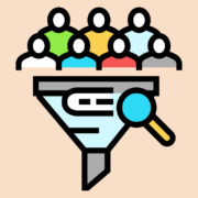 Icon of a group of people above a funnel with a magnifying glass, symbolizing lead filtering and selection.