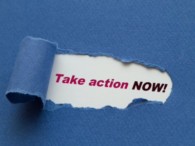 A motivational image with the words "Take Action Now!" revealed under a torn piece of paper, emphasizing the urgency to act on converting leads.