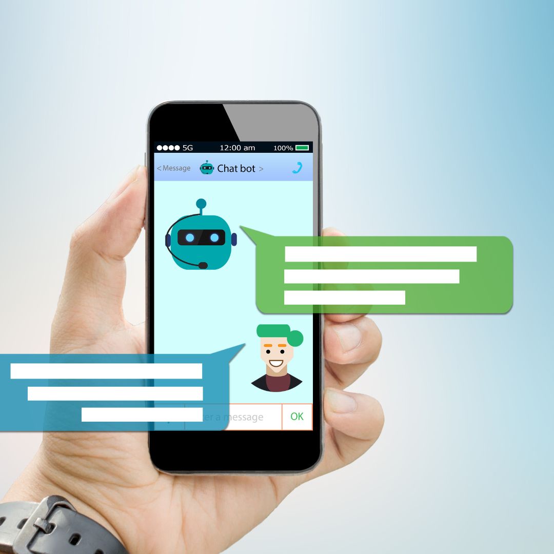 AI chatbot conversation on a mobile phone screen, illustrating automated messaging for customer engagement and lead generation.