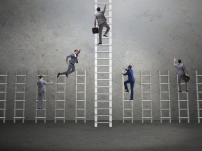 Businessmen climbing ladders with one person significantly ahead, symbolizing competitive advantage and success in exclusive health insurance leads